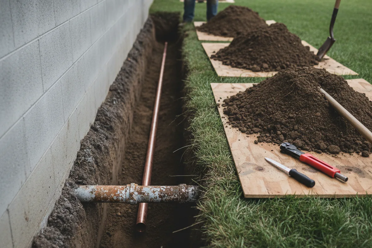Excavated water line trench during Sewer Line Repair in Henderson